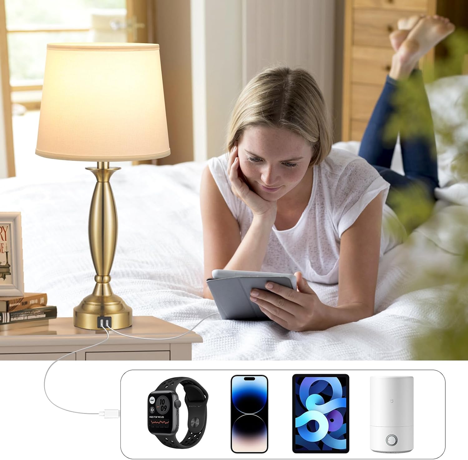 Seealle White Gold Lamps for Bedrooms Set of 2 - Touch Control Bedside Lamp with USB C+A, 3 Way Dimmable Nightstand Lamps with USB Port…