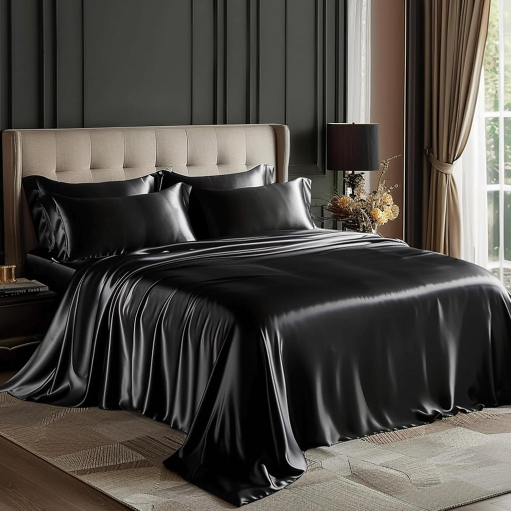 Lovescabin Love's cabin California King Satin Sheet Sets - 4 Piece Black Silky Sheets Bed Set with Deep Pocket, Luxury Silk Feel Satin Cal…