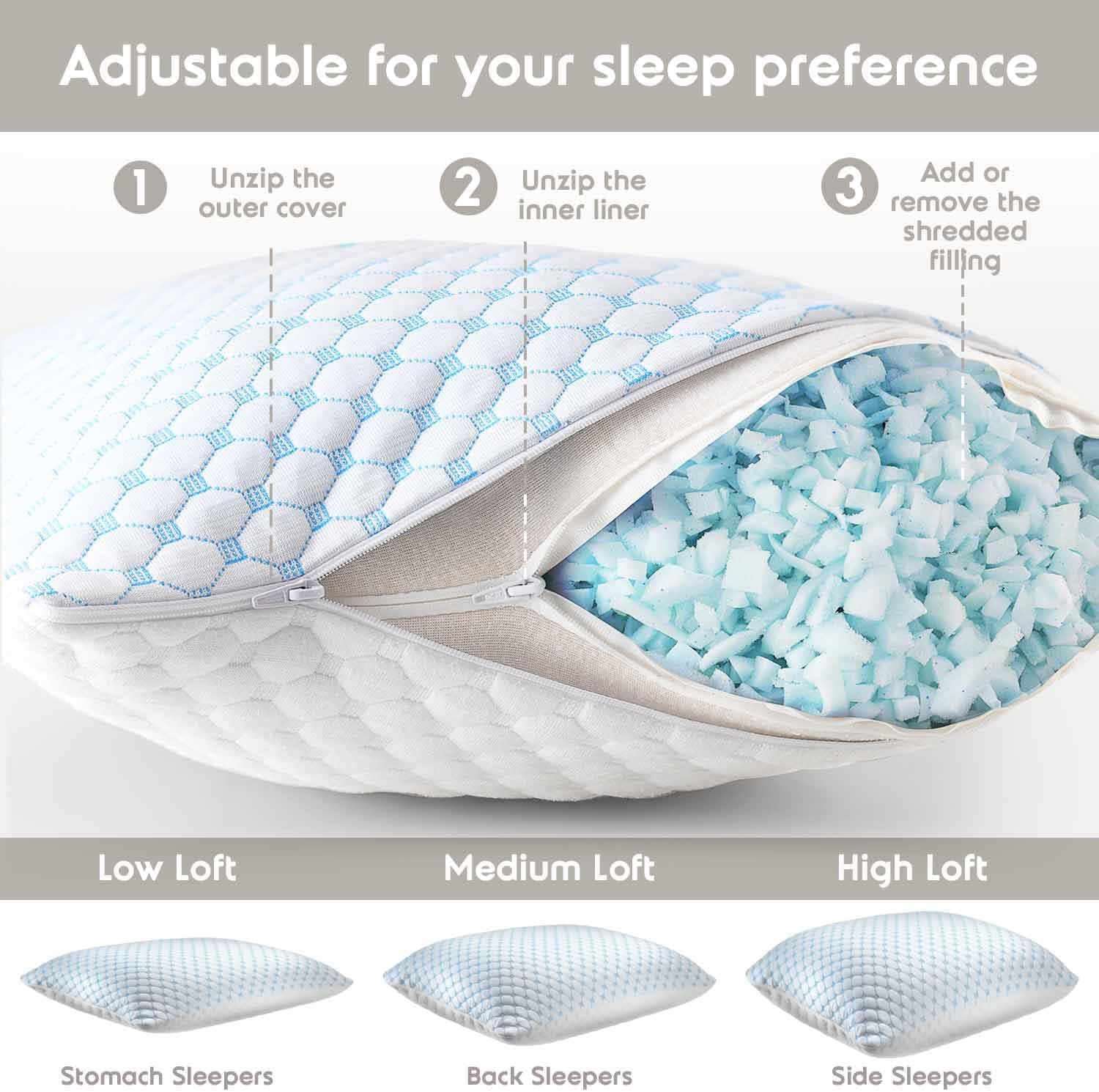 Nestl Cooling Body Pillow for Sleeping 1 Pack, Luxury Shredded Memory Foam Body Pillows, Adjustable Cold Gel Pillows for Hot Sleepers…