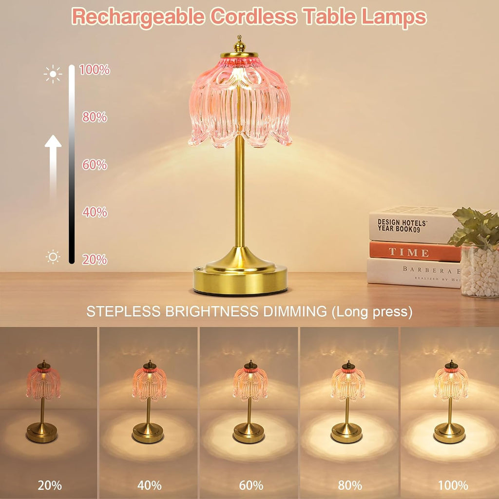 Cordless Lotus Flower Table Lamp, 5200mAh Rechargeable Battery Operated Portable Lamp, 3-Color Dimmable Touch Control Small Desk Lamp for…