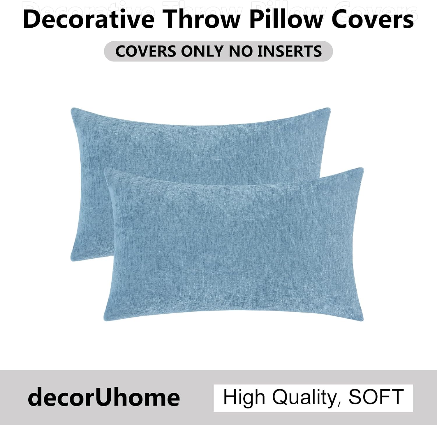 decorUhome Chenille Grey Blue Throw Pillow Covers 12x20 Inch Set of 2, Decorative Soft Couch Pillow Covers Solid Dyed Accent Farmhouse Neut…