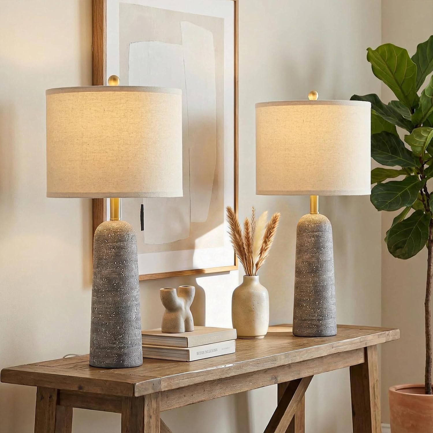 BOBOMOMO 27.25" Modern Table Lamp Set of 2, Light Grey Resin Table Lamps with Stone Look, Lamps for Living Room with Linen Shades…