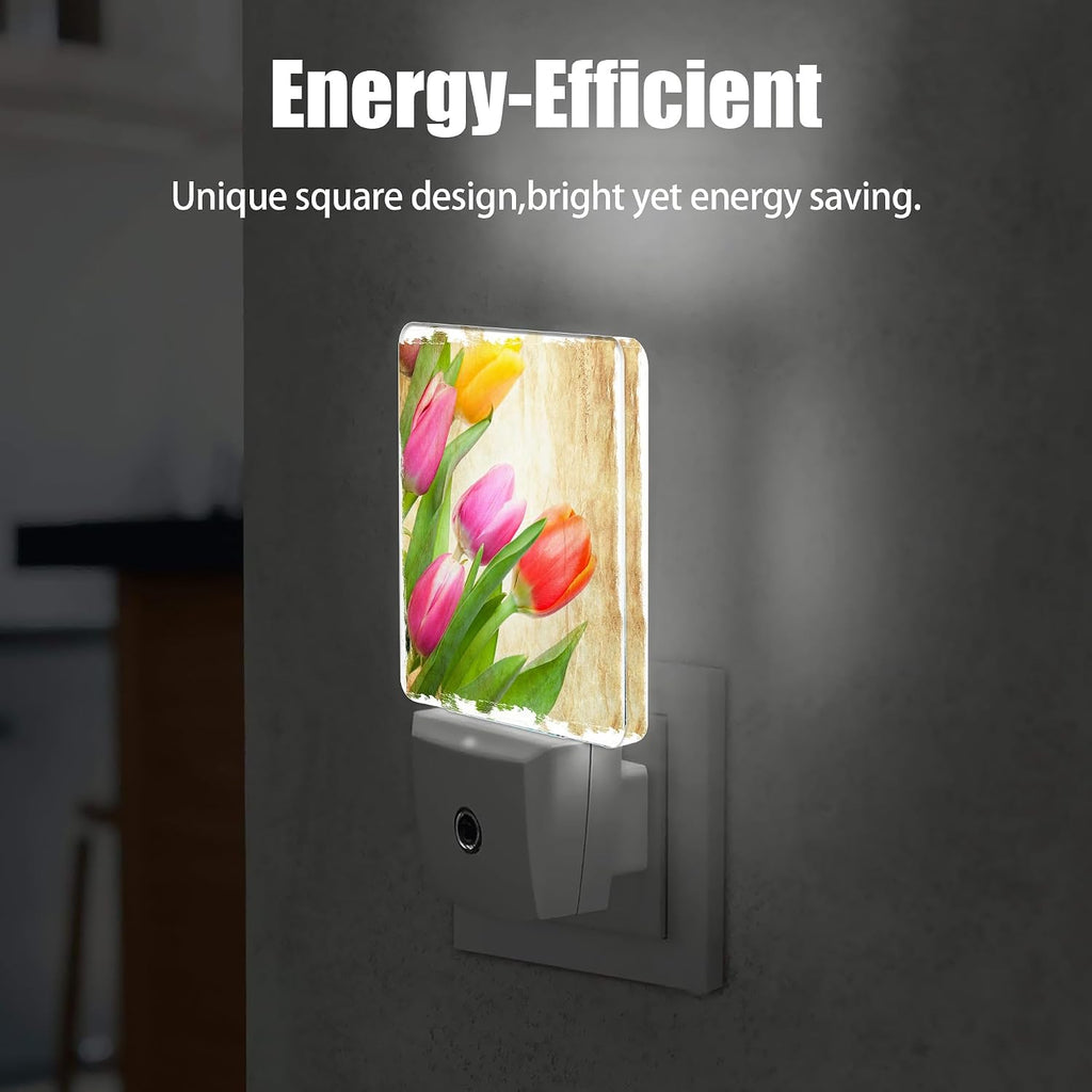 Vintage Tulips Night Light Plug in Wall Lamp Smart Dusk to Dawn Sensor for Home Decorative, Kids Room Bedroom Bathroom Kitchen Hallway Gifts