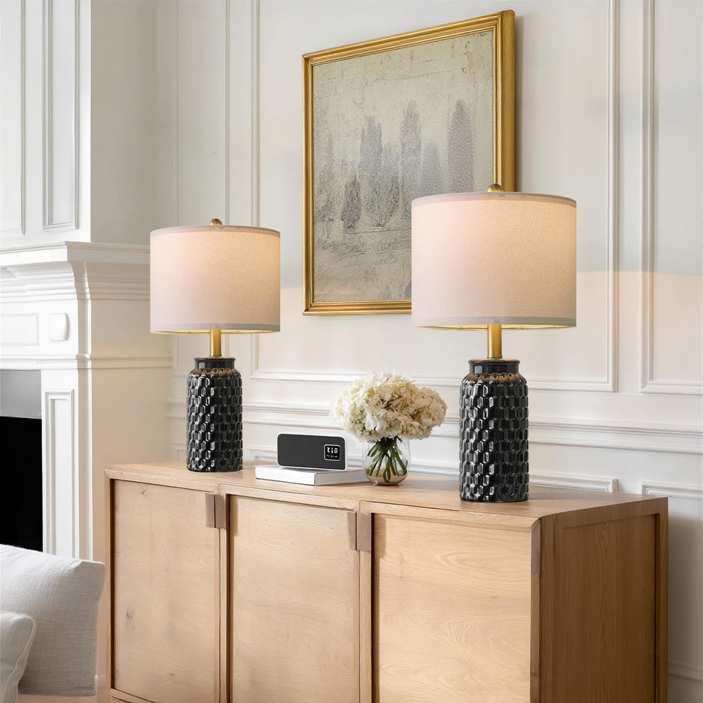 USumkky 20.5" Black Modern Ceramic Bedside Lamp Set of 2 for Bedroom Decor Farmhouse Table Lamp for Living Room Office Dorm
