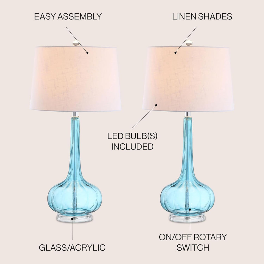 JONATHAN Y 28.5" Aqua Glass Teardrop LED Table Lamp Set of 2 for Living Room Bedroom Nightstand, White Linen Shade Modern Transitional…