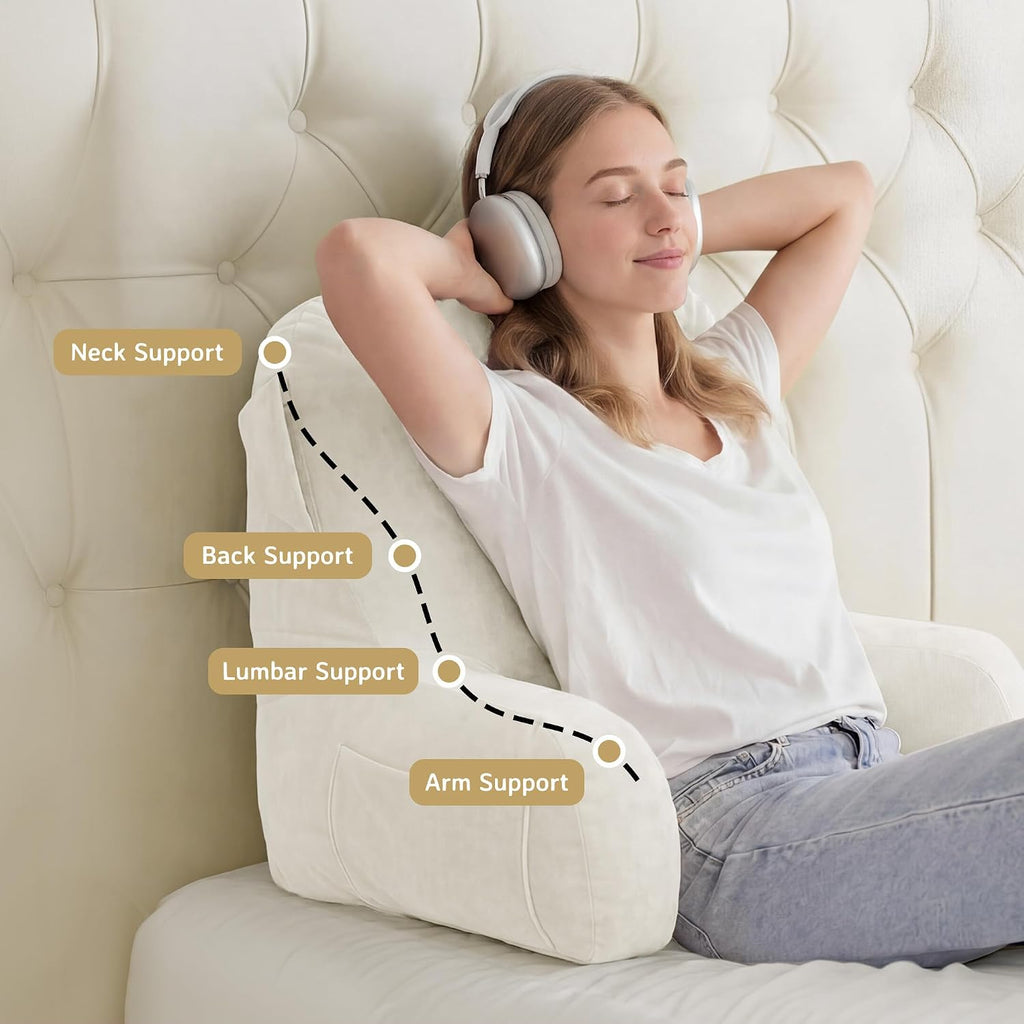 Unisakey Portable Comfy Reading Pillows for Bed Sitting Up(Beige Oeko-Tex), Velvet Back Pillow with Arms & Pockets for Adults, Support…