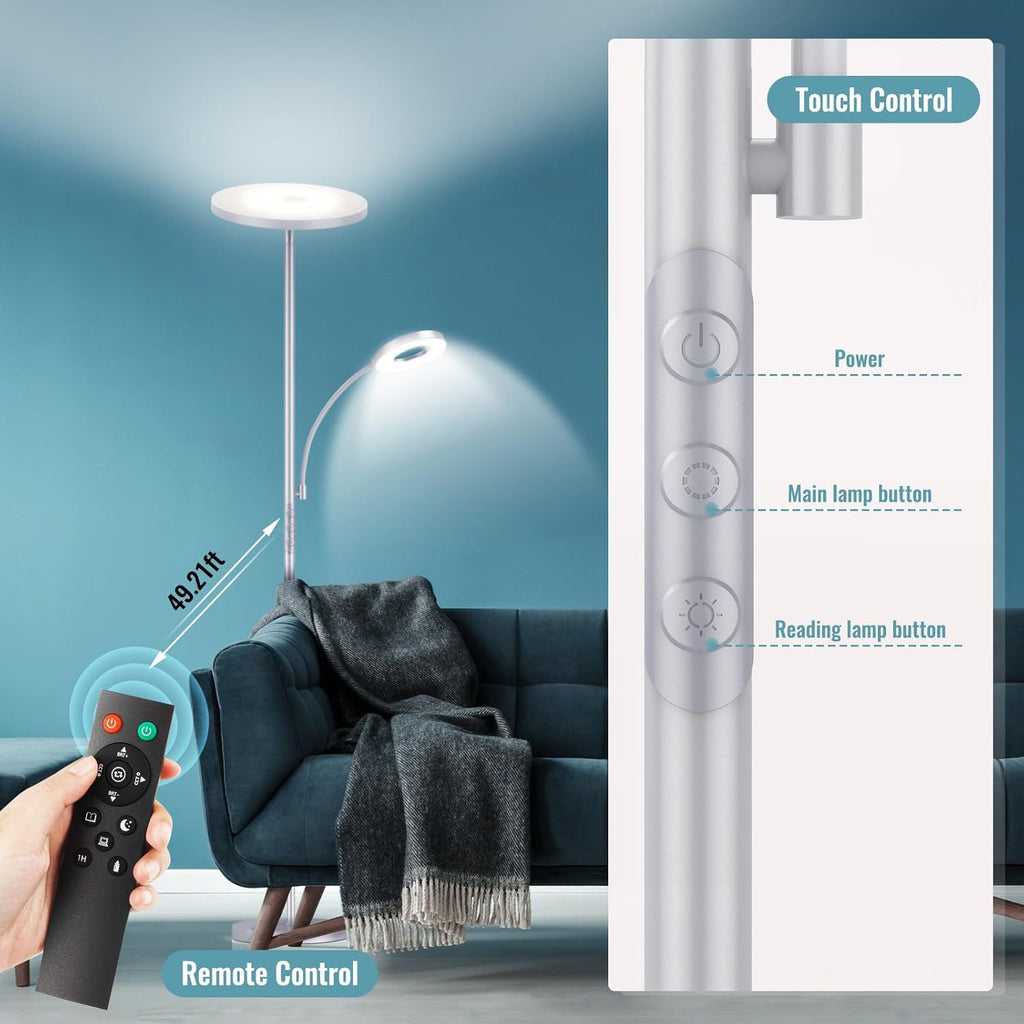 Marctronic Silver Gray Floor Lamp, 42W 4000LM Super Bright LED Lamp with Reading Light for Living Room Bedroom Office, Dimmable Standing La…