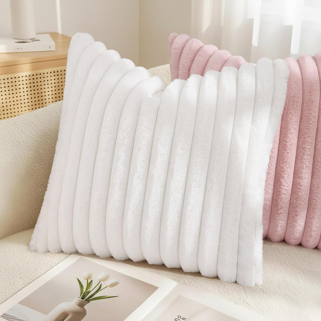 decorUhome Summer Cozy Faux Fur Throw Pillow Covers 22x22 Set of 2 Decorative Soft Plush Striped Modern Farmhouse Boho Couch Euro Sham Pill…