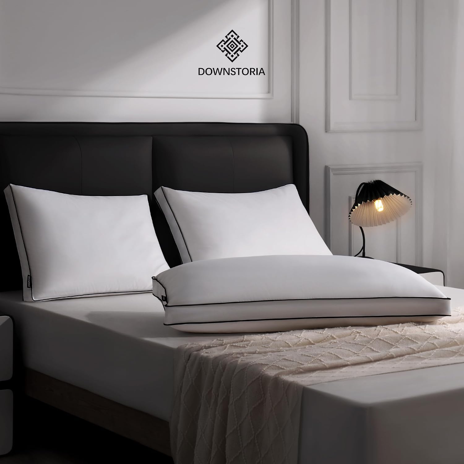 DOWNSTORIA Feather Down Pillows Queen Size Set of 2 with Gusset, Luxury Hotel Collection Bed Pillow 2 Pack, Down Surrounded Gusseted…