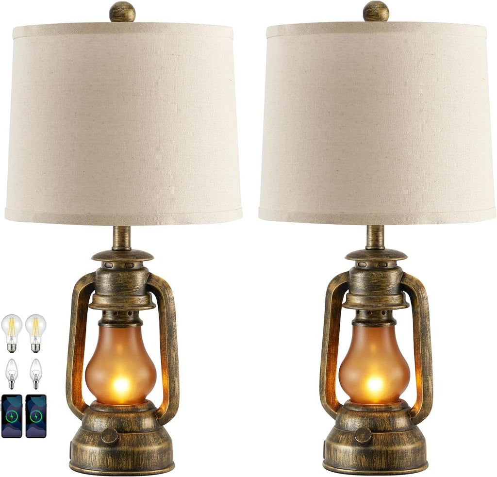 Set of 2 Farmhouse Lantern Table Lamps for Living Room with 2 USB Charging Ports, Rustic Vintage Nightstand Lamps with Nightlight for…
