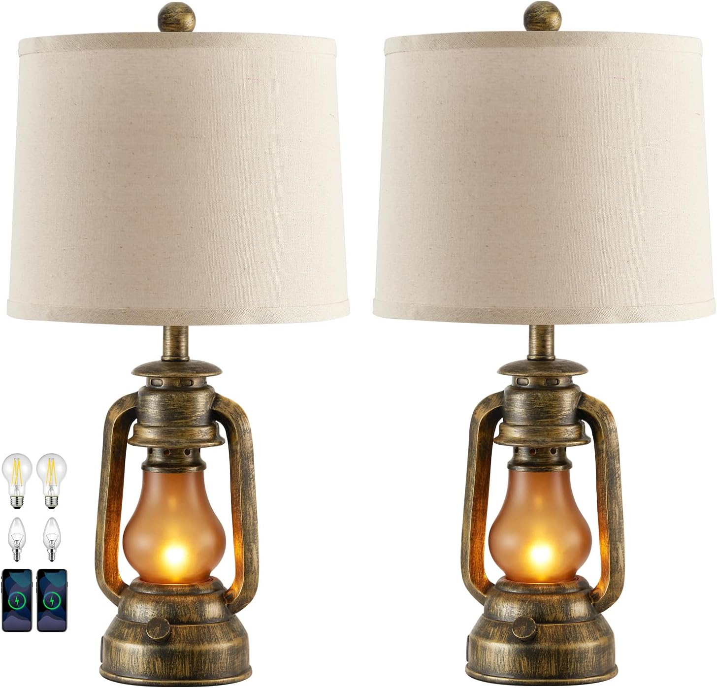 Set of 2 Farmhouse Lantern Table Lamps for Living Room with 2 USB Charging Ports, Rustic Vintage Nightstand Lamps with Nightlight for…