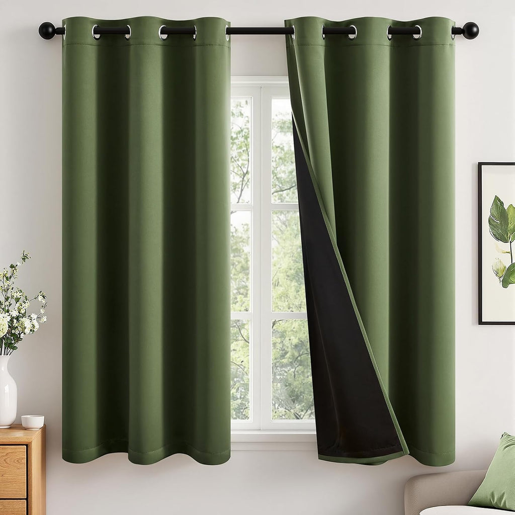 Miulee Olive Green 100% Blackout Curtains for Bedroom 63 Inch Long, 2 Thick Layers Thermal Insulated Black Out Window Curtains with Black L…