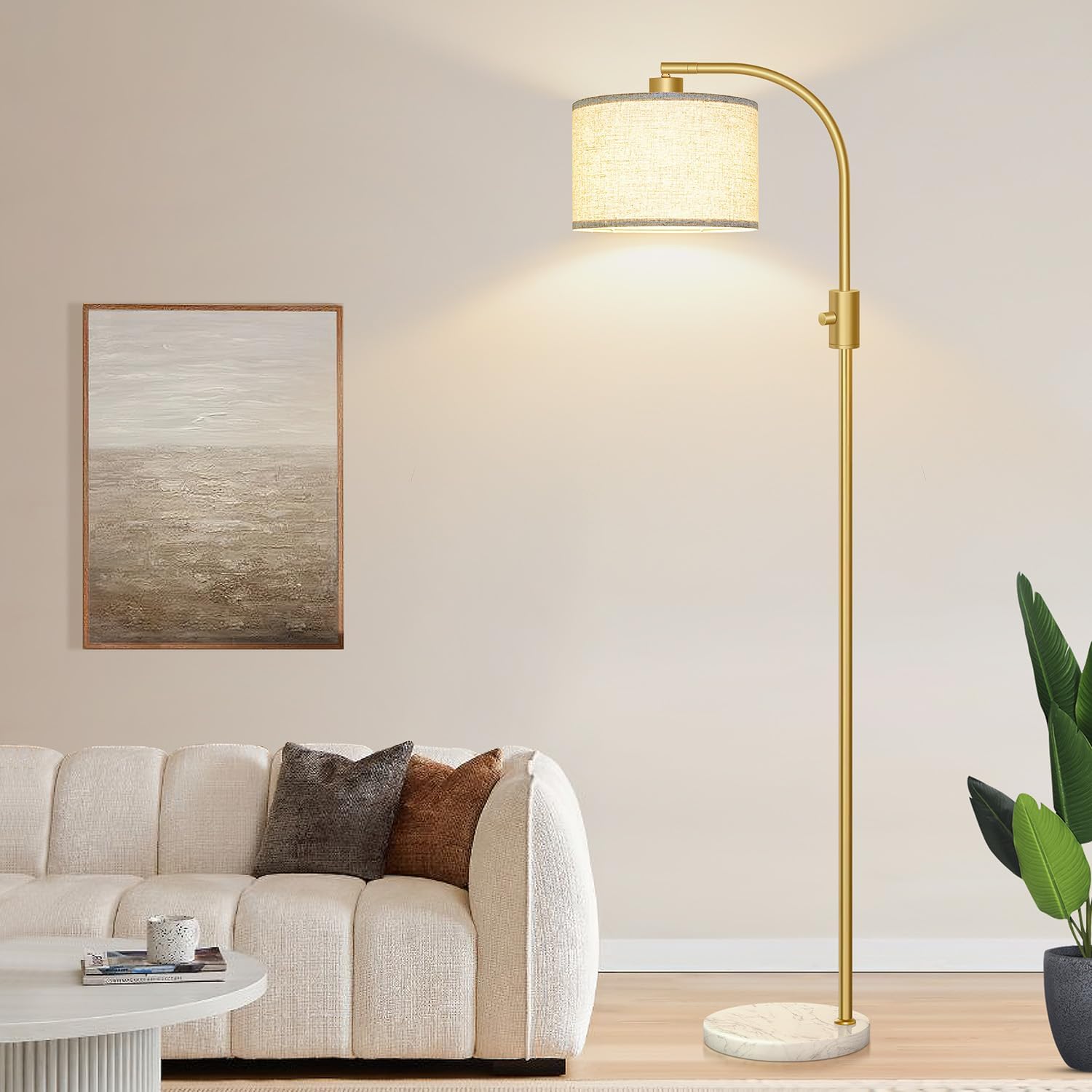 Nintiue Upgraded Modern Arc Dimmable Tall Standing Floor Lamp with Marble Base & Linen Shade, 1200 Lumens LED Bulb Included, for Living &…