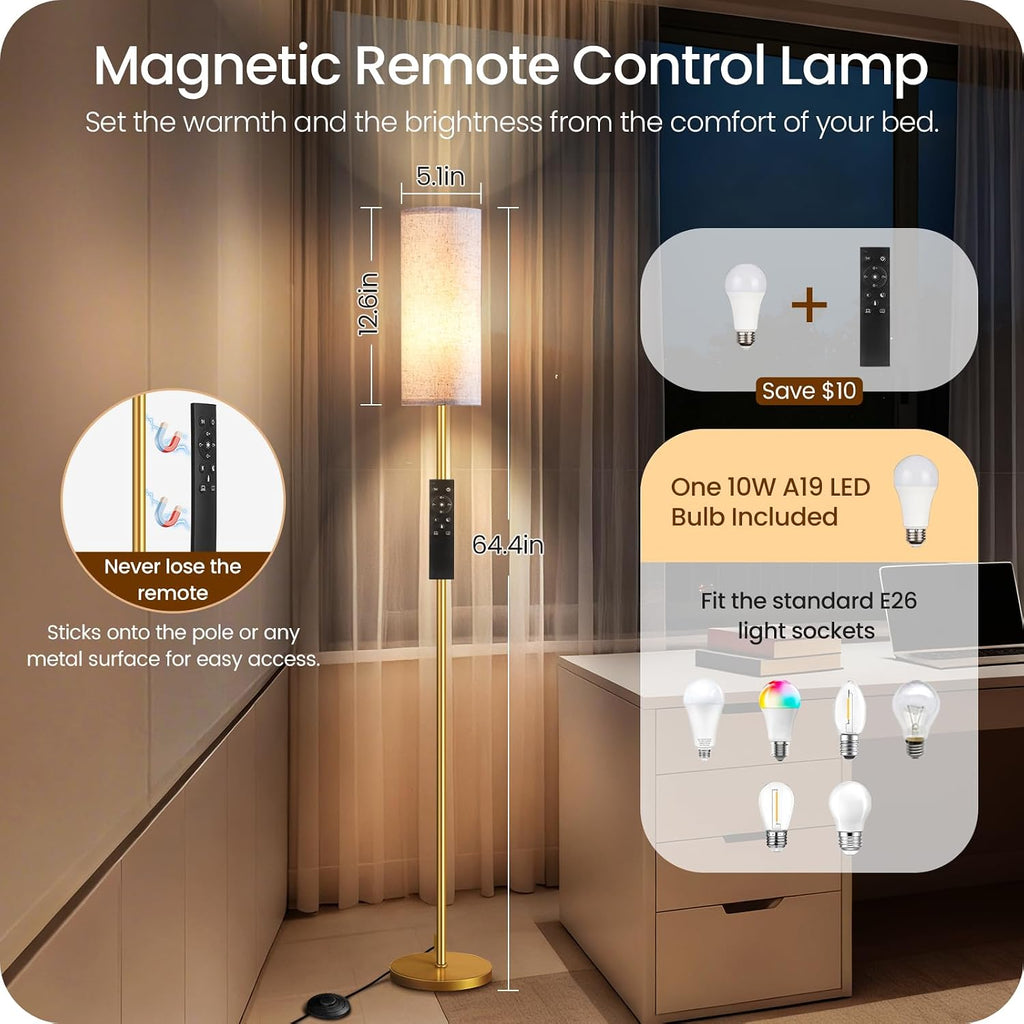 Dimmable Floor Lamps for Living Room with Remote and Foot Switch, 64.4” Modern Standing Tall Lamp, Corner Lamp for Bedroom, Bulb…