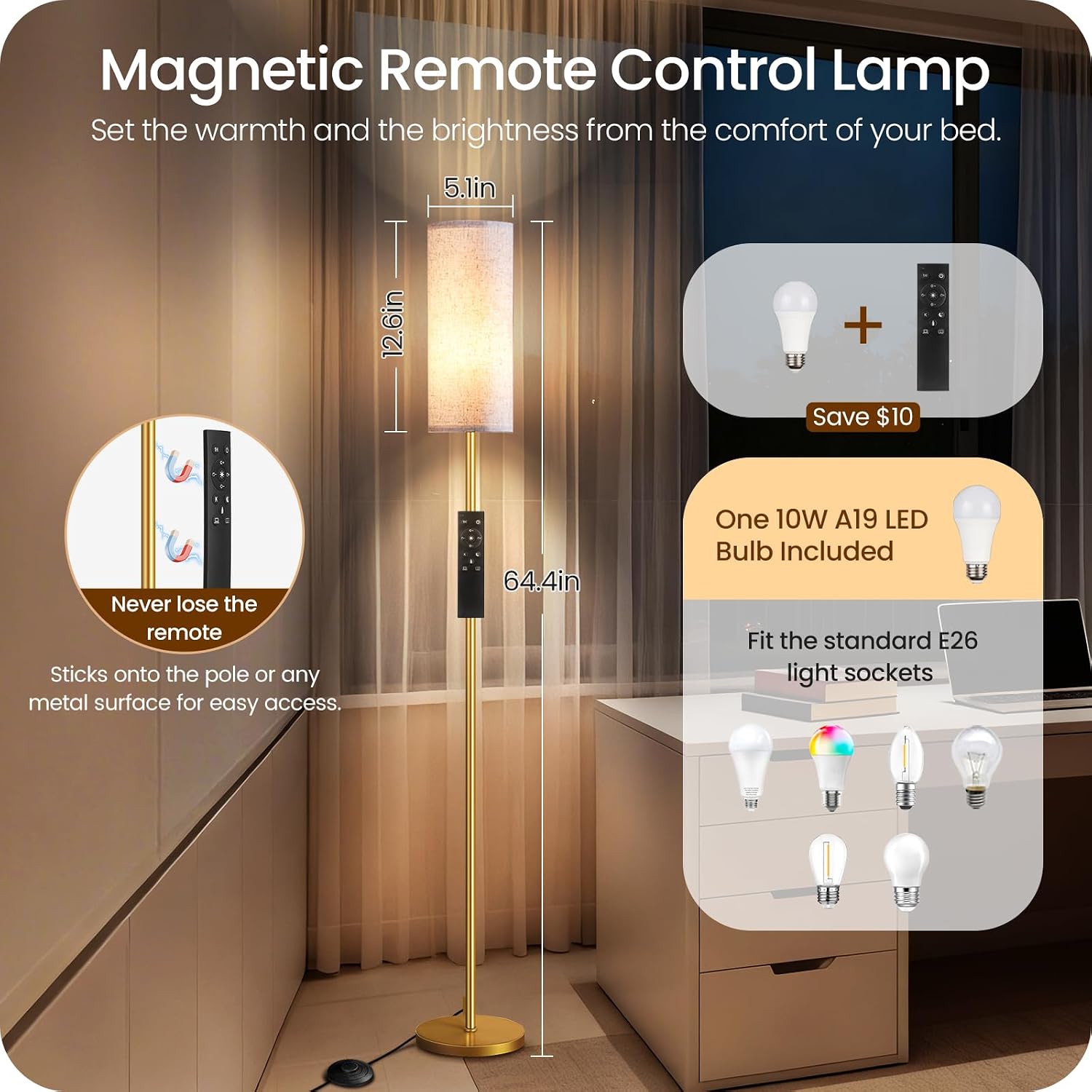 Dimmable Floor Lamps for Living Room with Remote and Foot Switch, 64.4” Modern Standing Tall Lamp, Corner Lamp for Bedroom, Bulb…