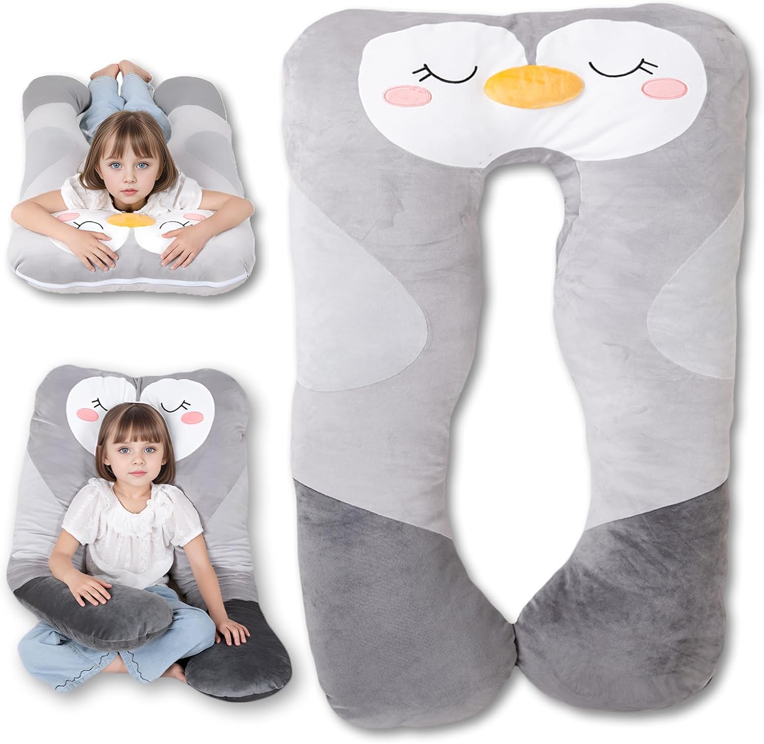 47x23 inch U Shaped Long Plush Body Pillows for Kids, Stuffed Animal Penguin Soft Large Pillow for Sleeping, Big Cute Plushies, Washable…