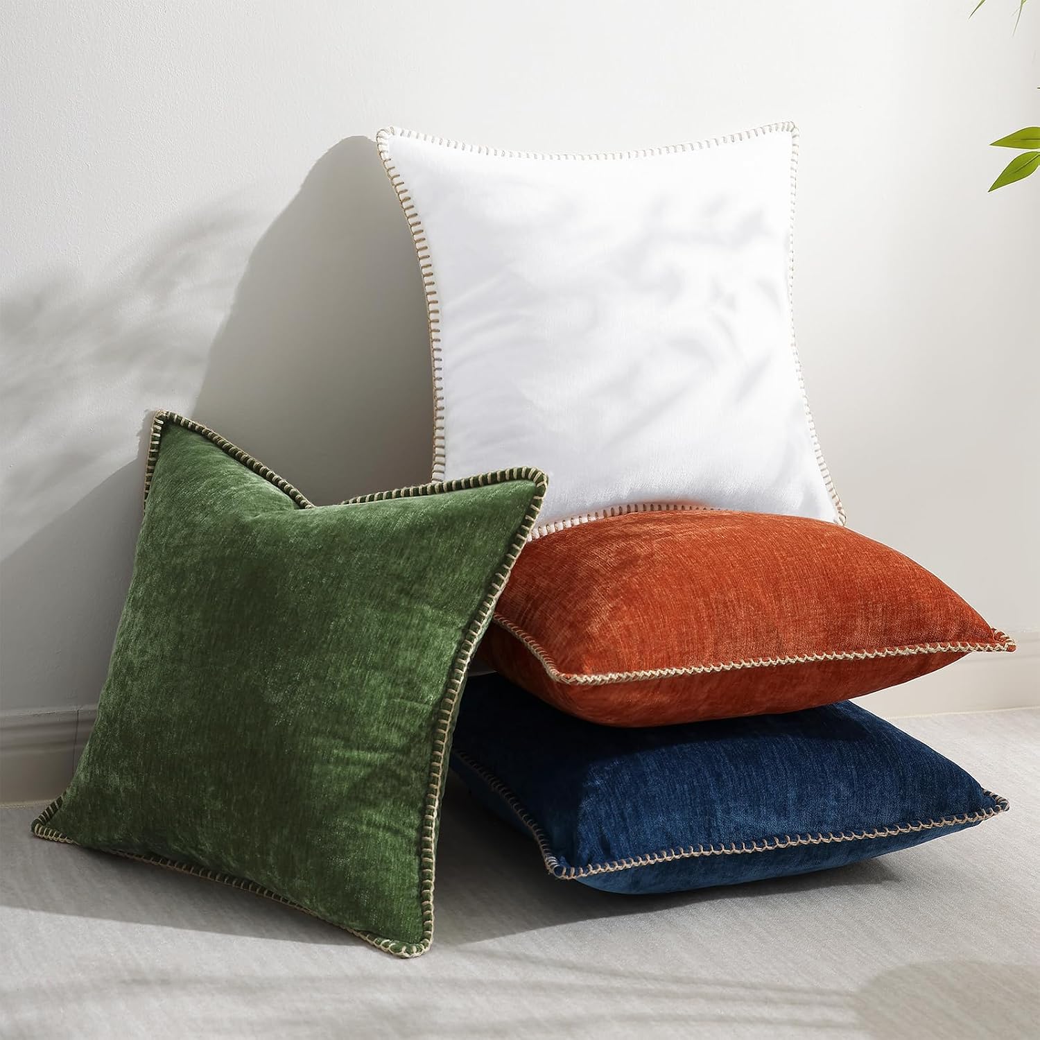decorUhome Chenille Soft Cozy Throw Pillow Covers 16x16 Set of 2, Modern Farmhouse Boho Velvet Decorative Pillow Cases with Stitched Edge f…