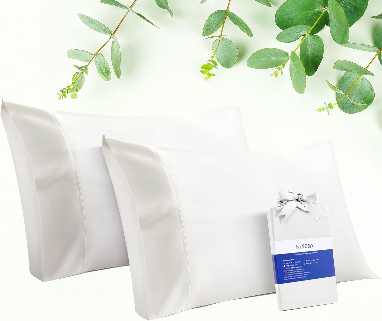 Stnomyhome Eucalyptus Tencel Cooling Pillowcase 2 Pack King Natural White | Moisture Wicking for Night Sweats | 3X Faster Drying | Oeko-TEX…