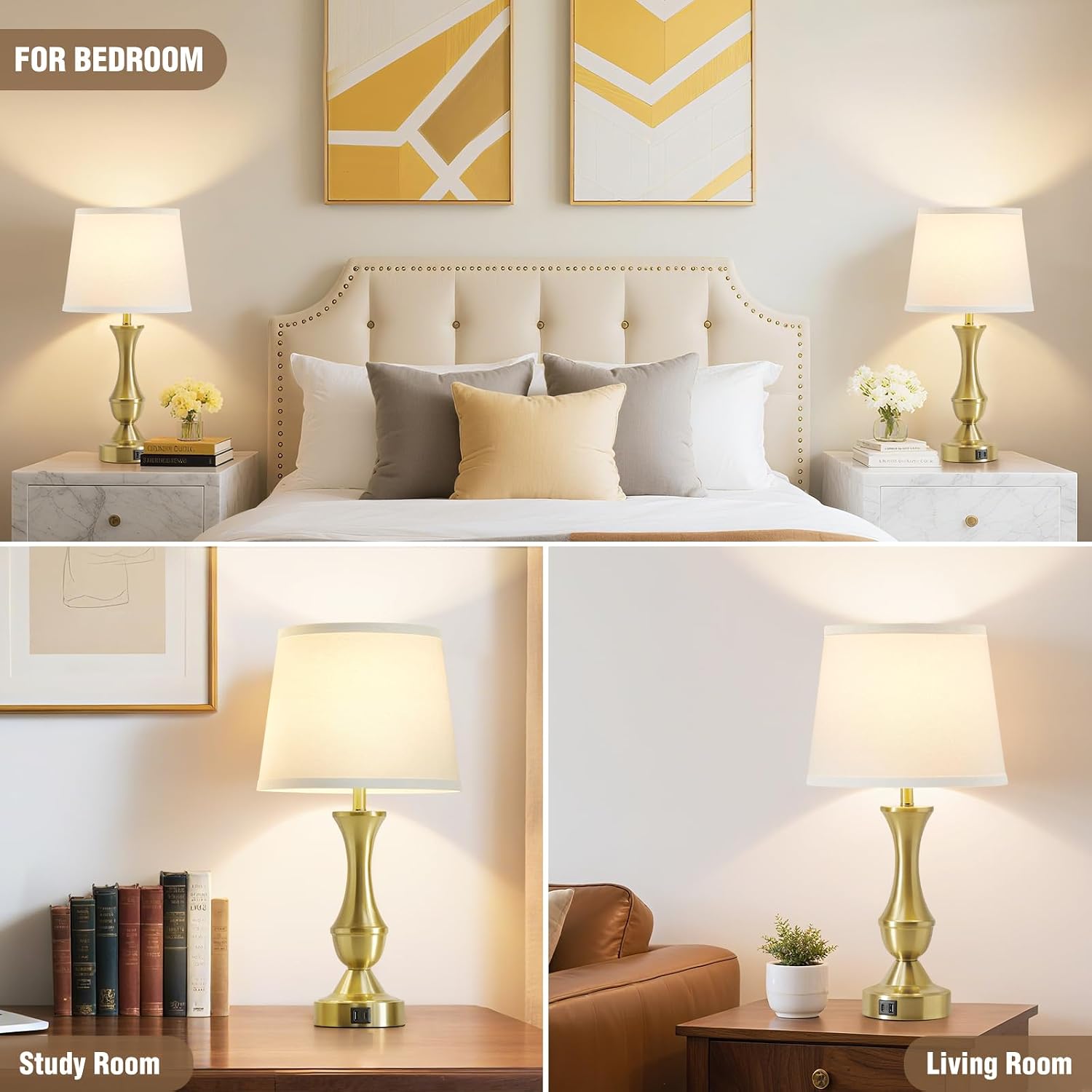 Luvkczc 22" Gold Table Lamps Set of 2 - Modern Luxury Bedside Lamps with White Fabric Shade, Dimmable & Dual USB C+A Ports, Nightstand…