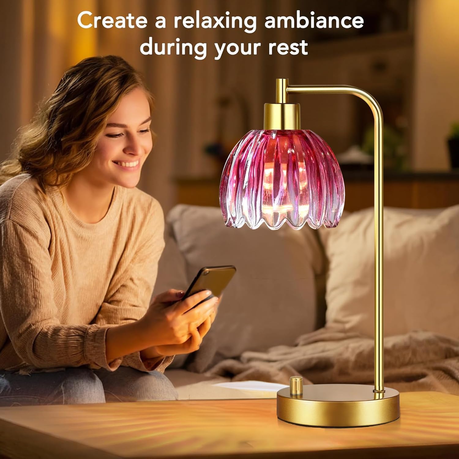 ILLMTW Pink Table Lamp Set of 2, Small Gold Bedside Lamps Dimmable Boho Bedroom Lamp with Tulip Flower Glass Lamp Shade, Vintage Mid…