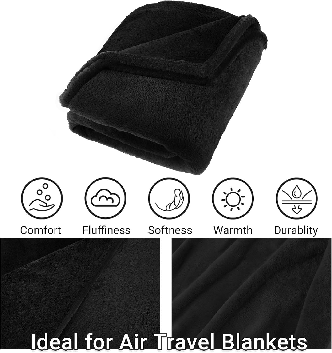 Airplane Travel Blanket with Pillow,300 GSM Soft Fleece Compact Blanket with Carry Bag, Lightweight Travel Blanket for Flights, Black
