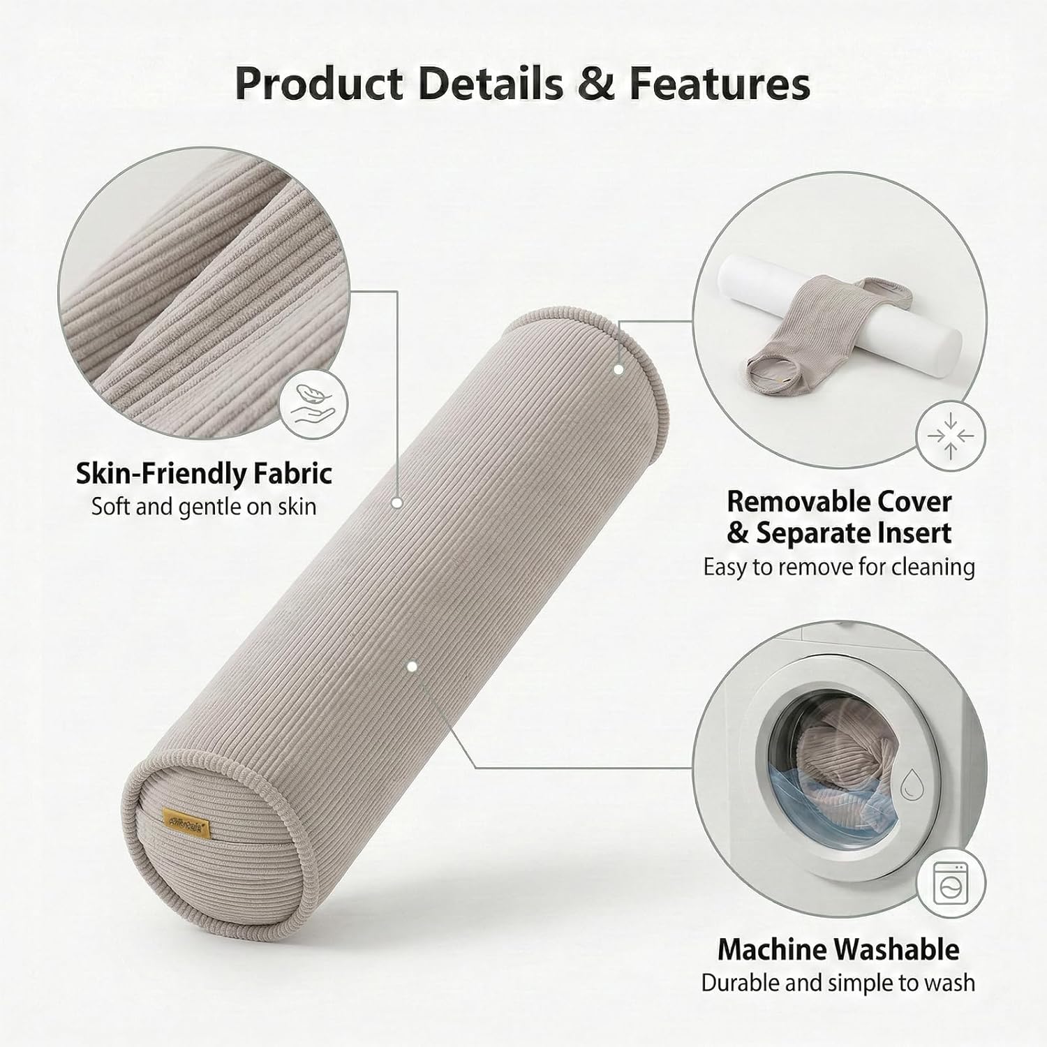 Long Round Body Pillow for Adults – Corduroy Cervical Roll Bolster Pillow, Firm Support for Spine Alignment & Side Sleeping,59 x 7.87…