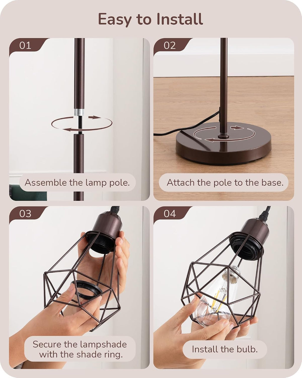 Edishine 70IN Industrial Floor Lamps for Living Room, Dimmable Farmhouse Corner Reading Lamp, Diamond-Shaped Lampshade, 3 LED Edison Bulbs…