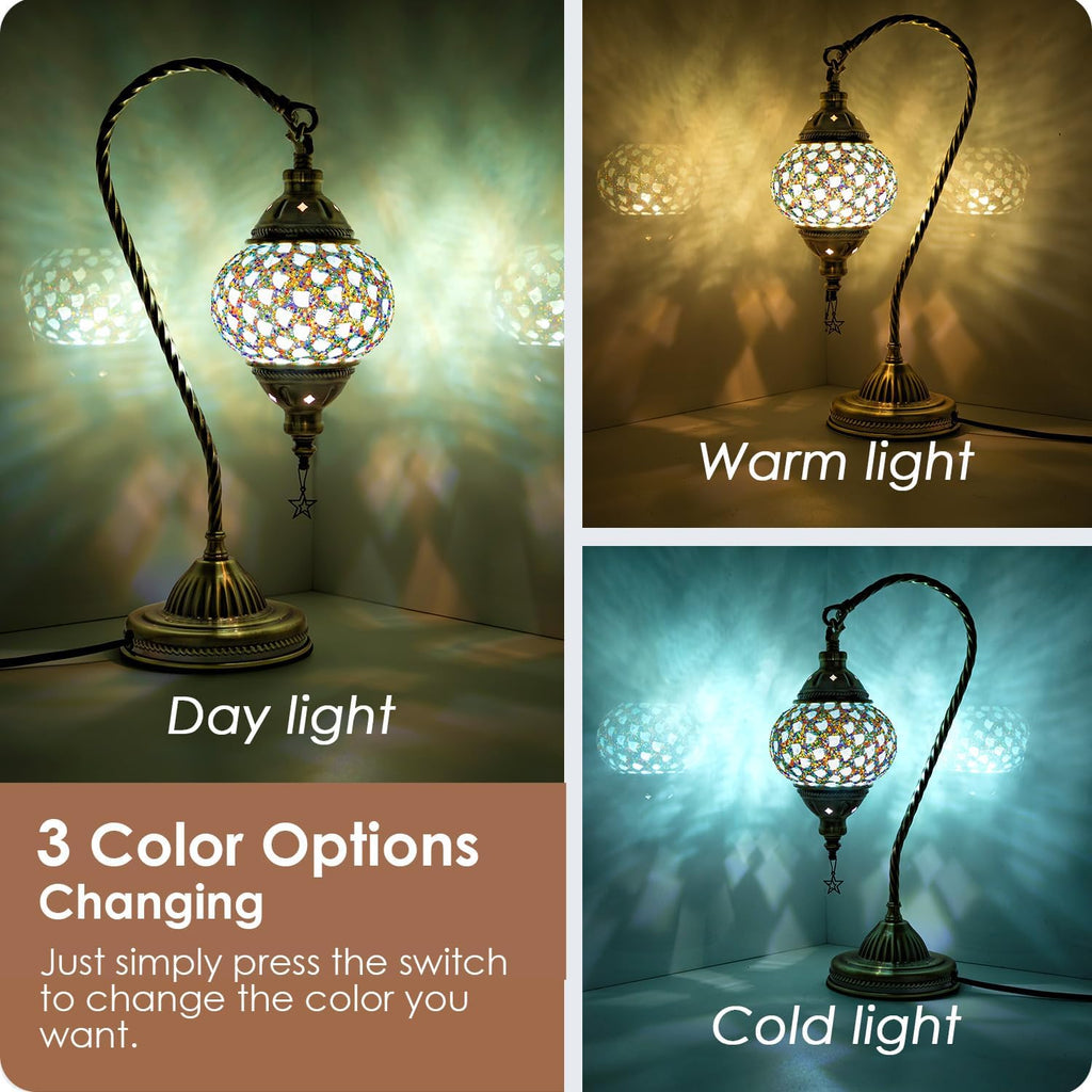 Yarra-Decor Turkish Moroccan Lamp with Bronze Base 3-Way Color Changing Handmade Swan Neck Tiffany Mosaic Glass Bedside Lamps for Bedroom…