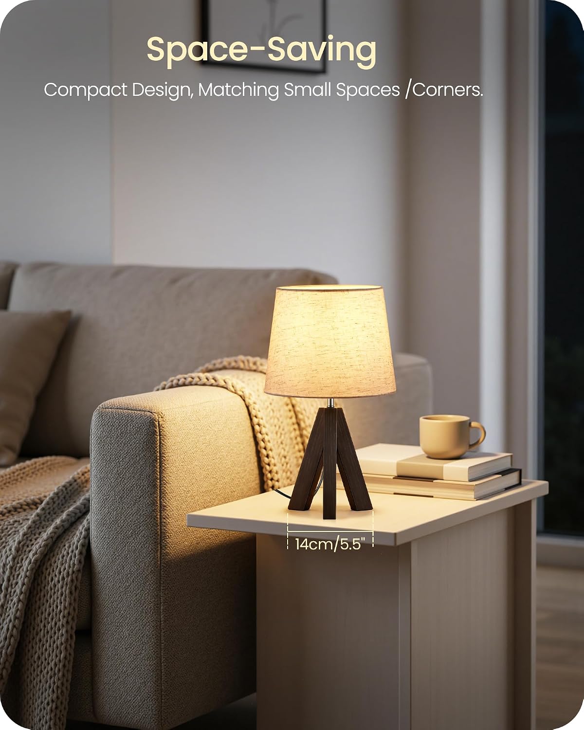 Tripod Table Lamp, 14.6 Inch Small Bedside Lamp with Beige Linen Shade & Dark Walnut Base, Modern Nightstand Lamp for Bedroom, Kids Room…