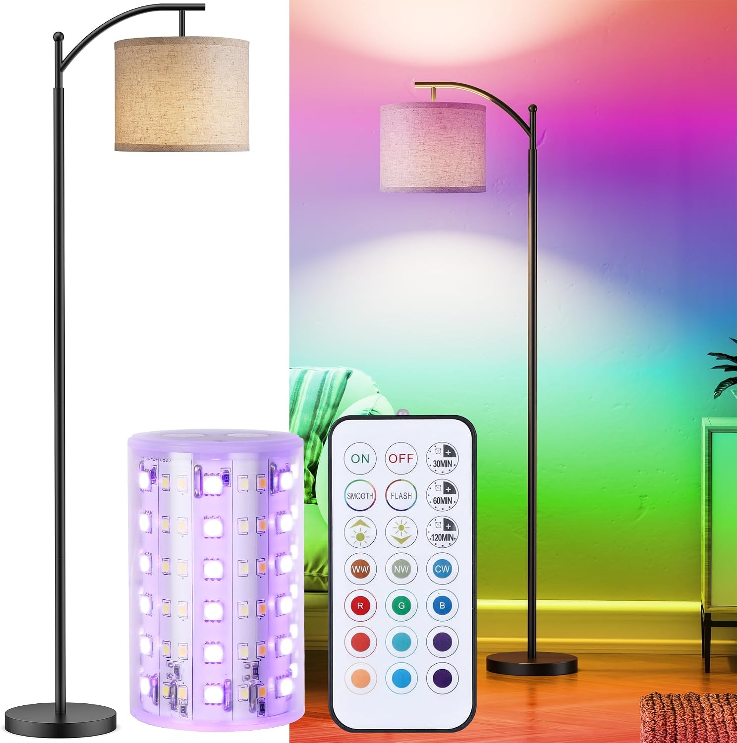 Battery Operated Floor Lamp, RGB Dimmable Cordless Standing Lamp with Remote Control for Living Room, Tall Floor Lamp for Bedroom -Black
