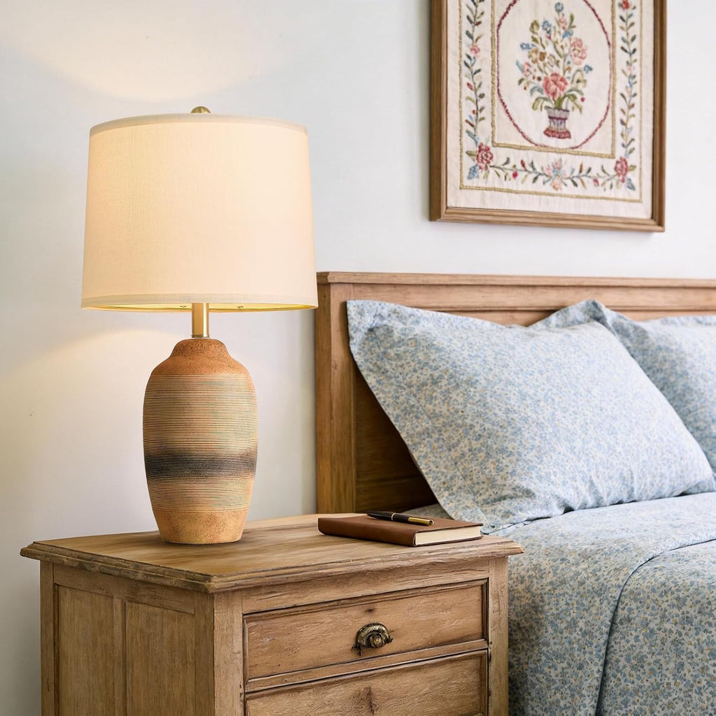USumkky 24.5" Handcrafted Ceramic Table Lamp with 5FT Cord, Single Farmhouse Vintage Rustic Bedside Lamp for Living Room Bedroom, Linen Sha…