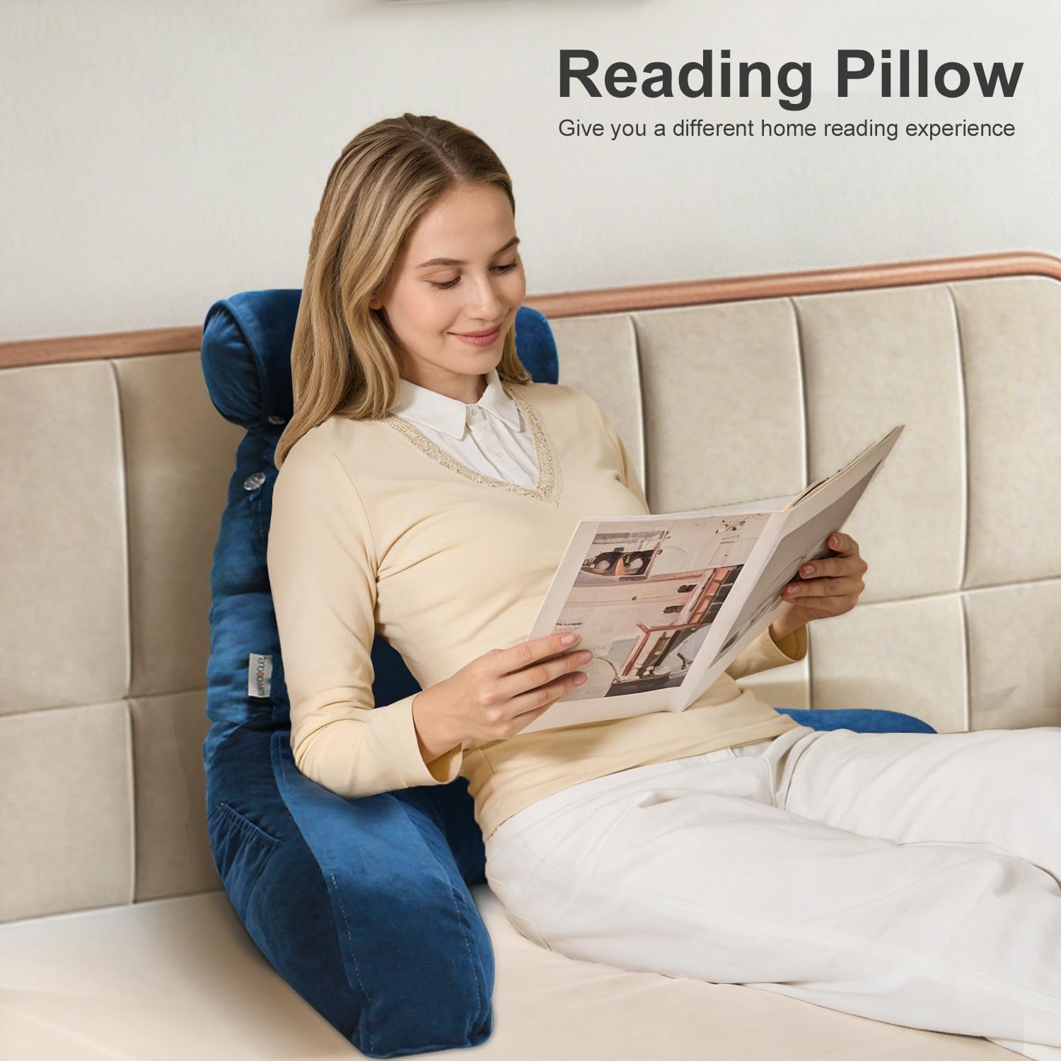 mittaGonG Reading Pillow, Shredded Memory Foam Backrest Pillow for Adult, Detachable Neck Roll, Arm Support with Side Pocket, Washable Crys…