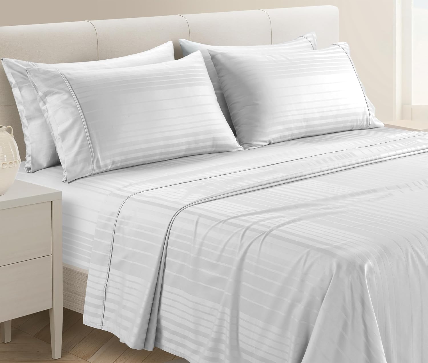 Casa Platino 100% Cotton Sheets California King Size Set - 6 Pcs (1 Flat, 1 Fitted, 4 Pillowcases) - Striped 500 TC - Smooth & Silky…