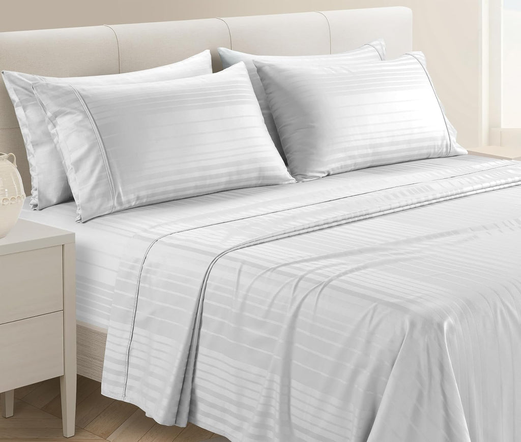 Casa Platino 100% Cotton Sheets Queen Size Set - 6 Pcs (1 Flat, 1 Fitted, 4 Pillowcases) - Striped 500 TC - Ultra Smooth Sateen Weave Bed…