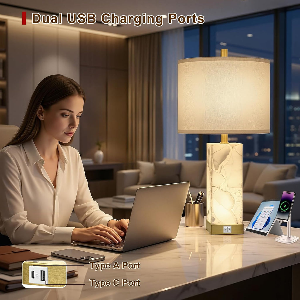 Scenekoy 23" Alabaster Table Lamps Set of 2 for Living Room Bedroom, Bedside Lamps with USB A+C Ports, Modern Table Lamp with Linen Shade…