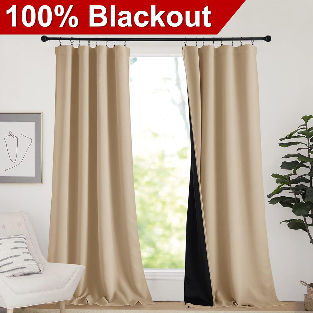 Nicetown Thermal Insulated 100% Blackout Curtains, Rod Pocket Noise Reducing Drapes with Black Lining, Full Light Blocking Drapery Panels f…