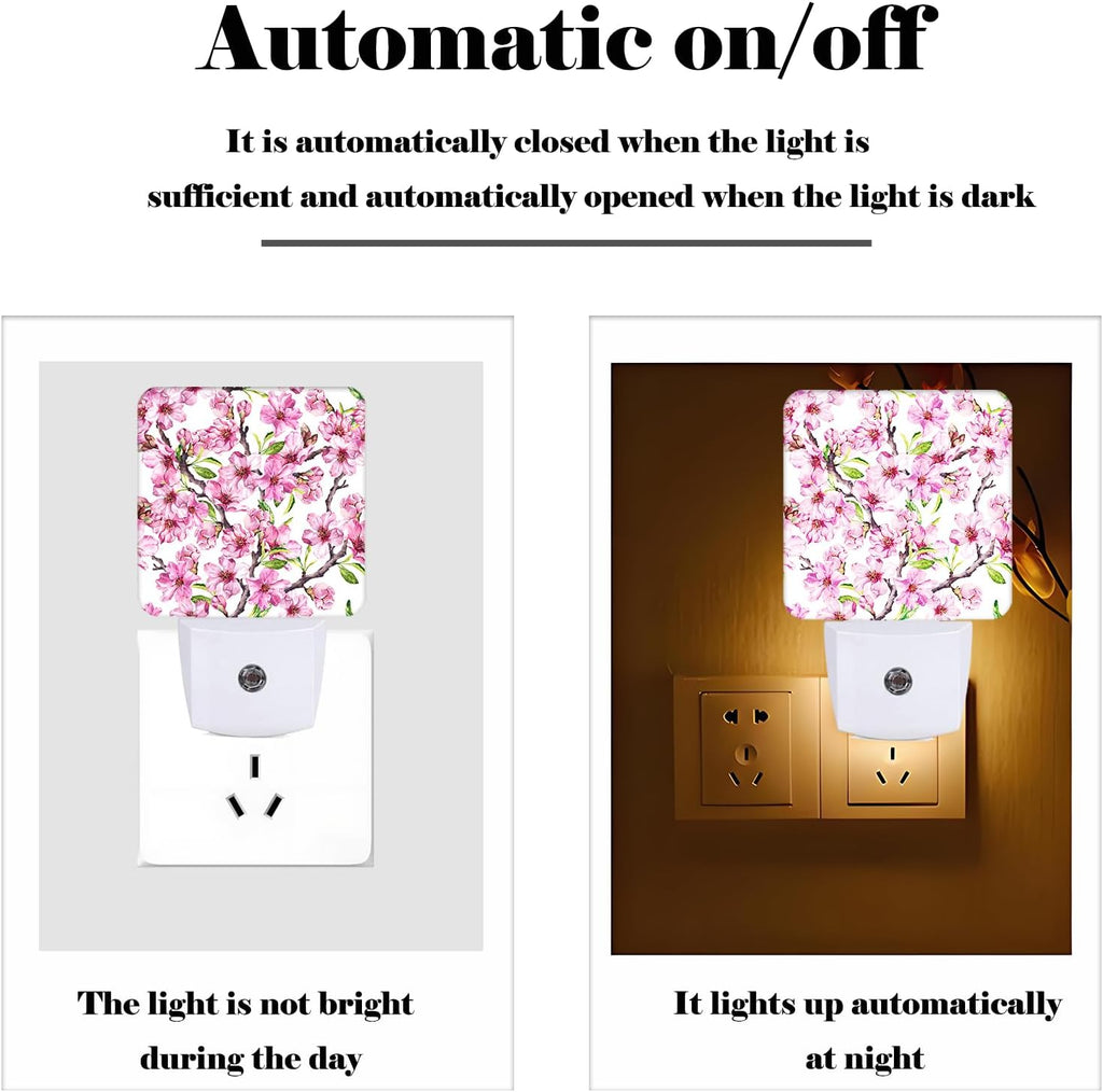 Spring Flowers Blossom Night Light, Plug Into Wall for Boys Girls Bedroom Decorative Square Night Light Lamp 0.5w Sleep Friendly