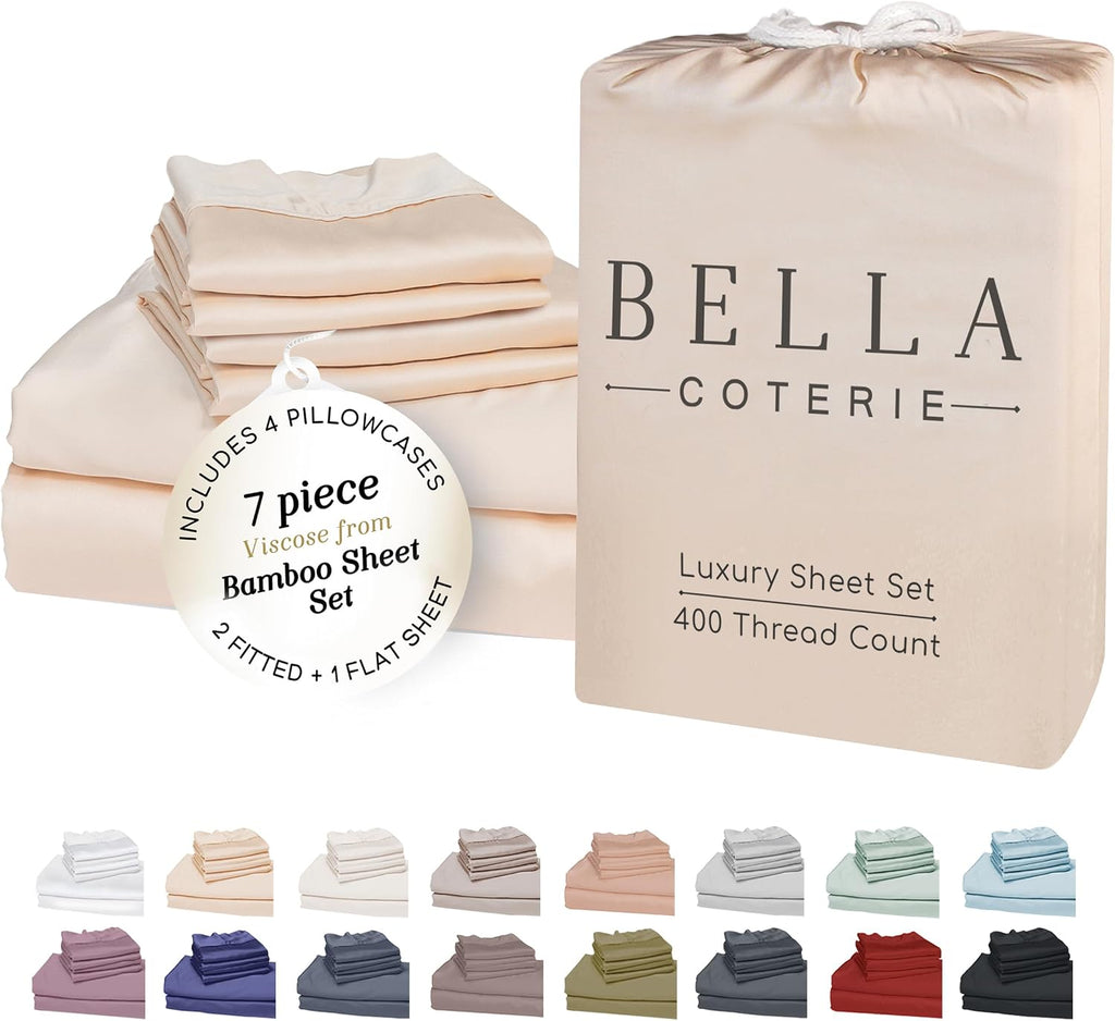 Bella Coterie 7 Piece Luxury Bamboo Viscose Split King Size Sheet Set | 2 Fitted Sheets for Adjustable Beds | 100% Organically Grown |…