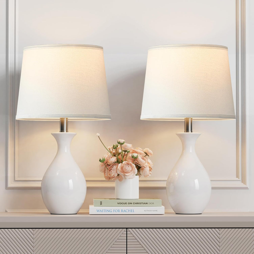 PARTPHONER Table Lamp Set of 2, Modern Ceramic Bedside Lamps for Night Stands, Classic Small Lamp Nightstand Lamp for Bedroom Living Room…