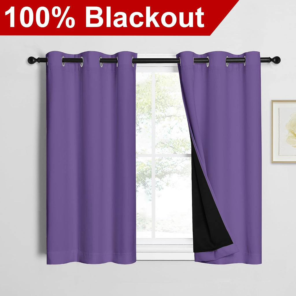 Nicetown 100% Blackout Short Curtains with Black Liners, 2 Panels, 37"W by 40"L, Lilac Purple, Solid Thermal Insulated Full Blackout 2-Laye…