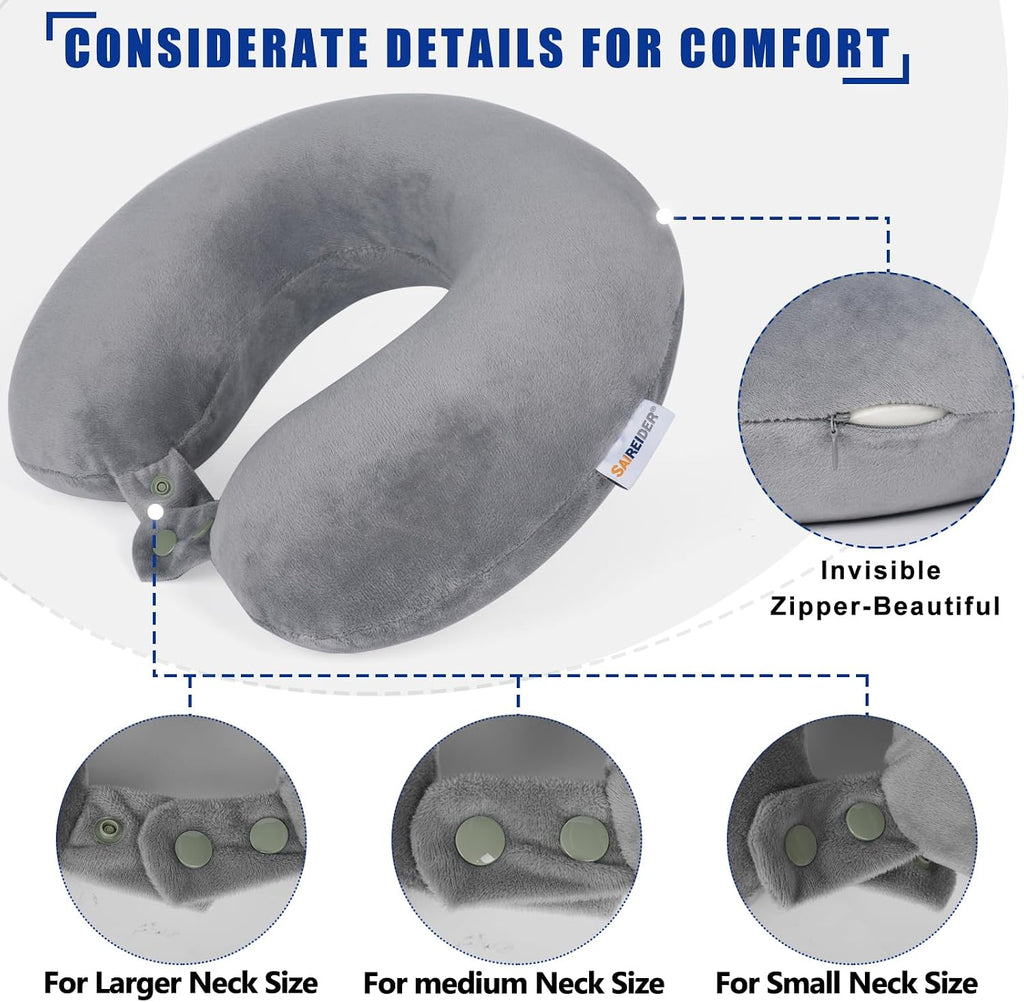 Saireider Travel Pillows for Sleeping Airplane 100% Pure Memory Foam Neck Pillow for Airplanes Washable Cover with Storage Bag (Grey) 6.3 i…