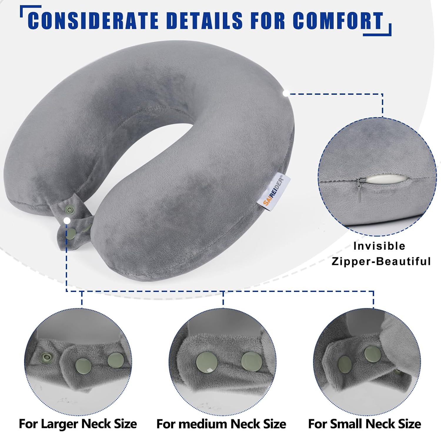 Saireider Travel Pillows for Sleeping Airplane 100% Pure Memory Foam Neck Pillow for Airplanes Washable Cover with Storage Bag (Grey) 6.3 i…