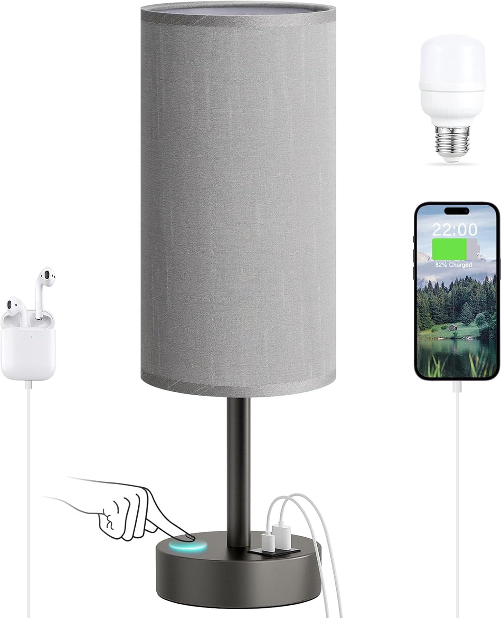 Dicoool Small Touch Bedside Lamp with USB - 3 Way Dimmable Grey Table Lamp for Bedroom, Nightstand Lamp with Charging Station for Desk…