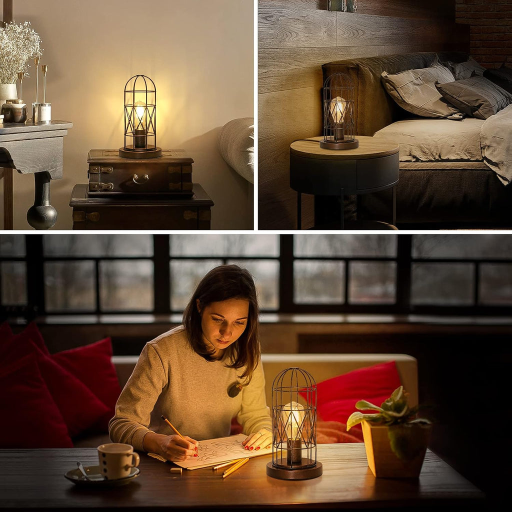 Seaside village Small Touch Lamp, Industiral Bedside Table Lamps with Antique Bronze Cage, 3 Way Dimmable Nightstand Steampunk Edison…