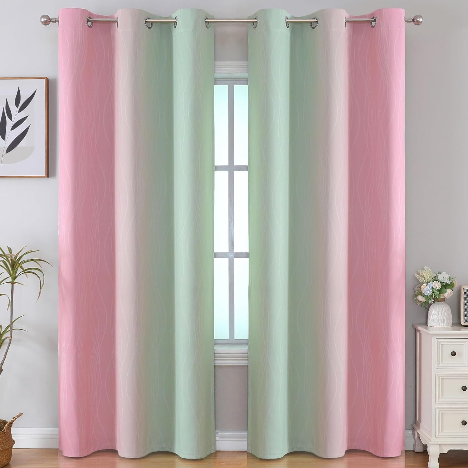 Estelartextiler Estelar Textiler Sage Green and Pink Room Darkening Blackout Curtains 84 Inch Length 2 Panels Set for Living Room, Thermal…
