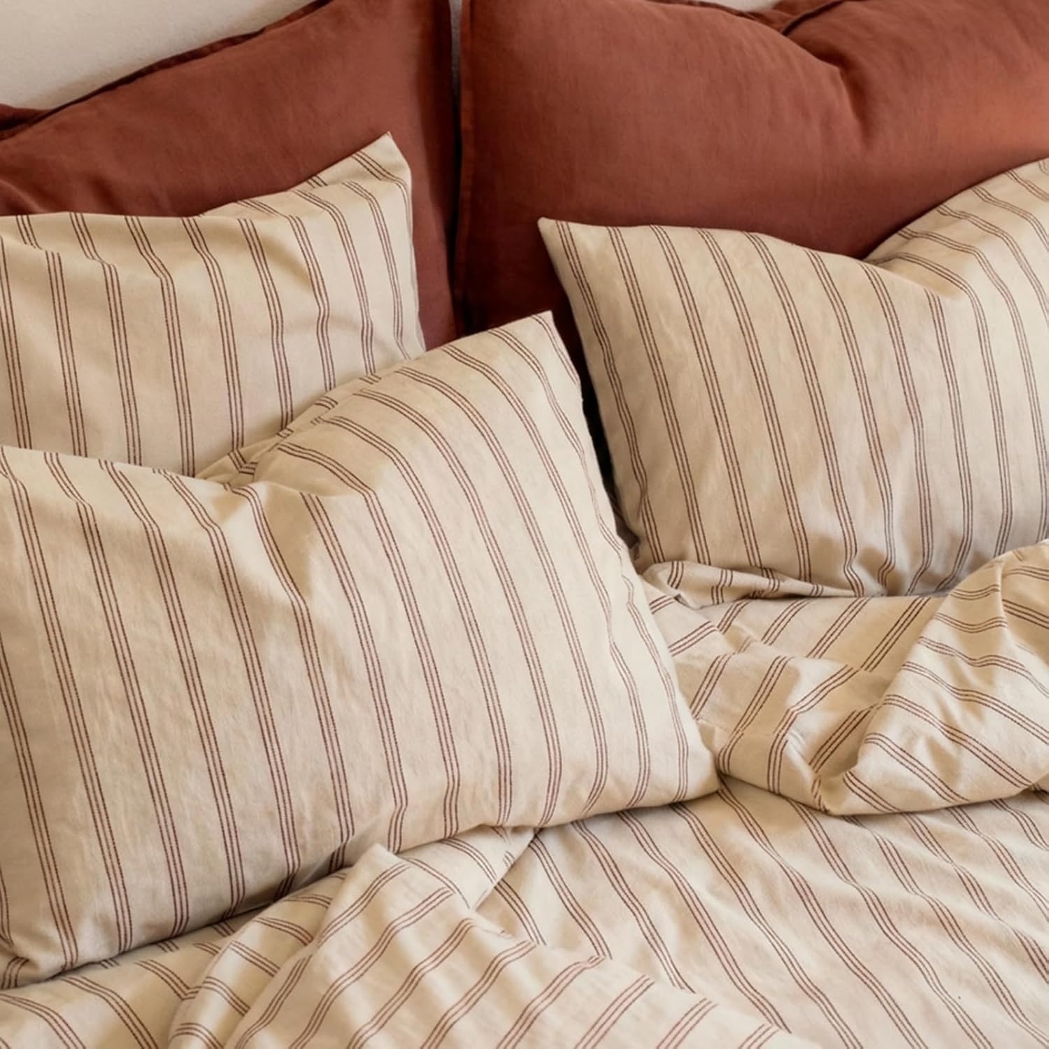mixinni Striped Duvet Cover Set Queen Size, 3 Piece Cotton Linen Blend Bedding Set, Vintage Stripe Comforter Cover with Pillowcases, Soft B…