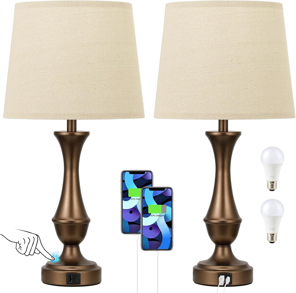 Seealle Upgraded Touch Lamps for Night Stands Set of 2 - Bedside Lamps with USB C+A, 3 Way Dimmable for Bedroom Living Room End Tables…