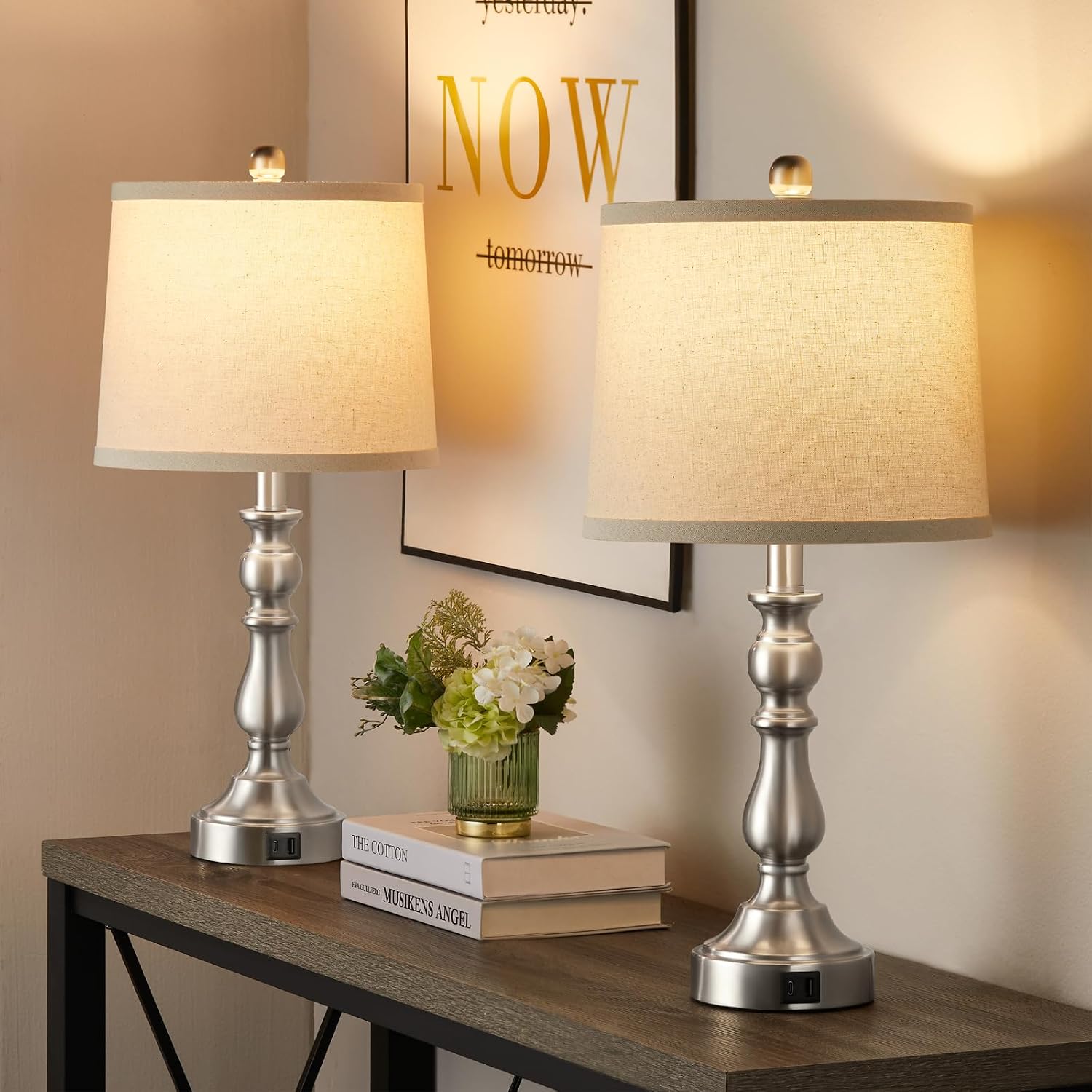Farmhouse Side Table Lamps for Living Room Set of 2 with USB C+A Ports, Bedside Lamp for Bedroom, Dining Room Decor, Office, End Table…