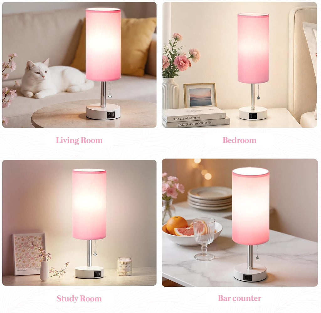 Dicoool Pink Bedside Table Lamp for Bedroom, Small Nightstand Lamp for Girls Kids, 3 Color Temperatures & USB Charging Port, Cute Desk…
