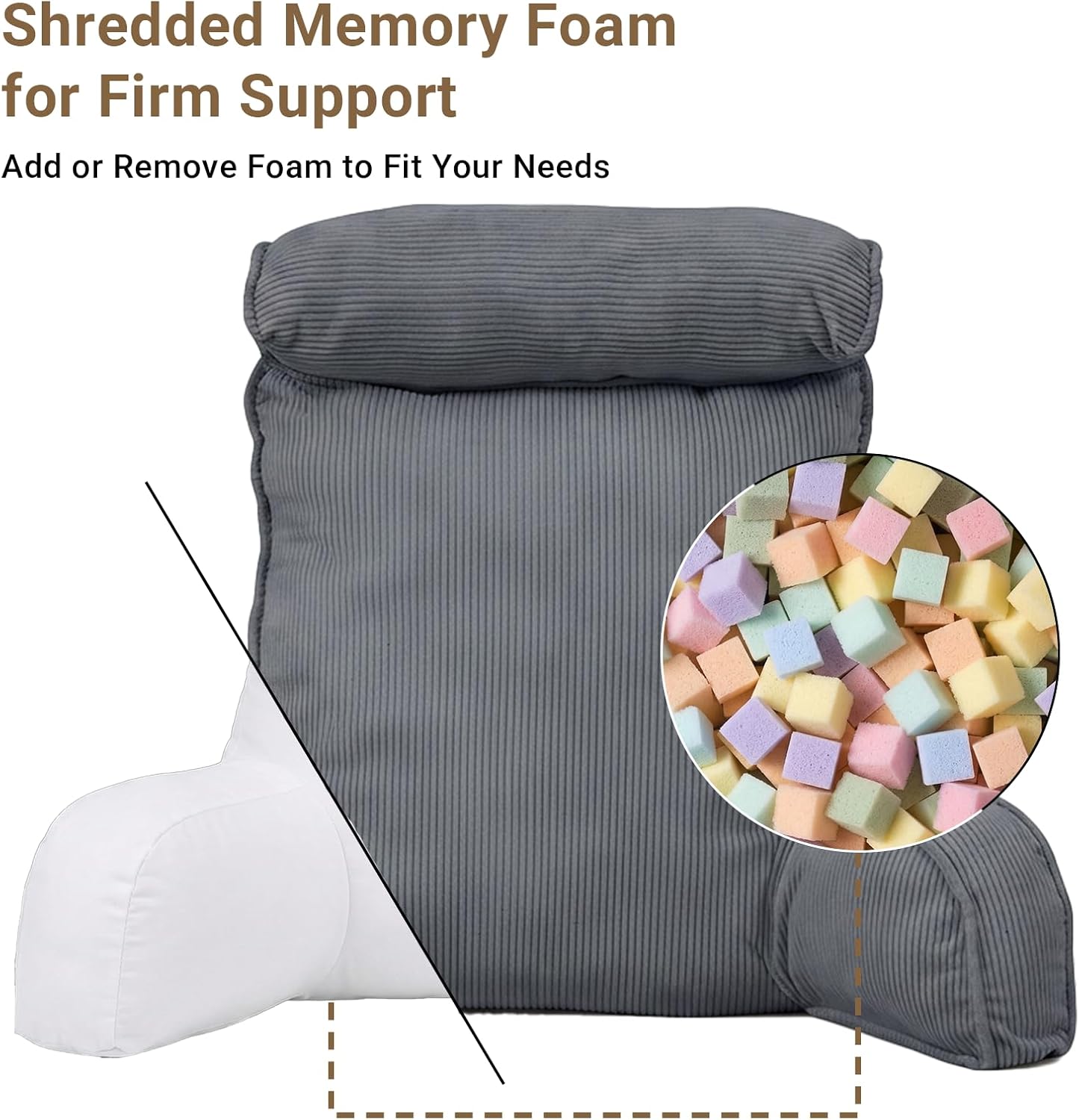 Reading Pillow for Bed with Detachable Neck Roll and Shredded Memory Foam, Back Pillow with Arms for Sitting Up, Washable Bed Rest Pillow…